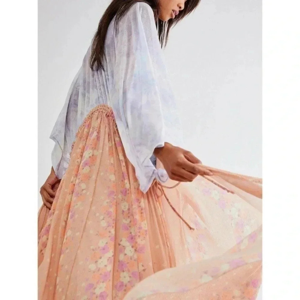 New Free People Long Sleeve Floral Boho Maxi Top XS - Picture 5 of 17